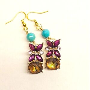 Handmade Aqua Shell and Rhinestone Connector Beaded Earring